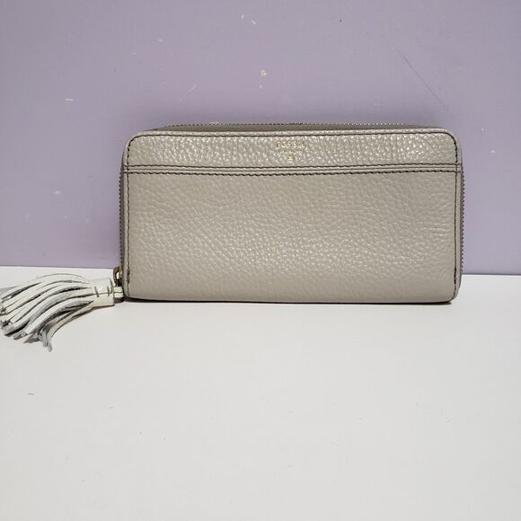 Fossil Gray Zip Around Leather Wallet 8"× 4" - Picture 1 of 8